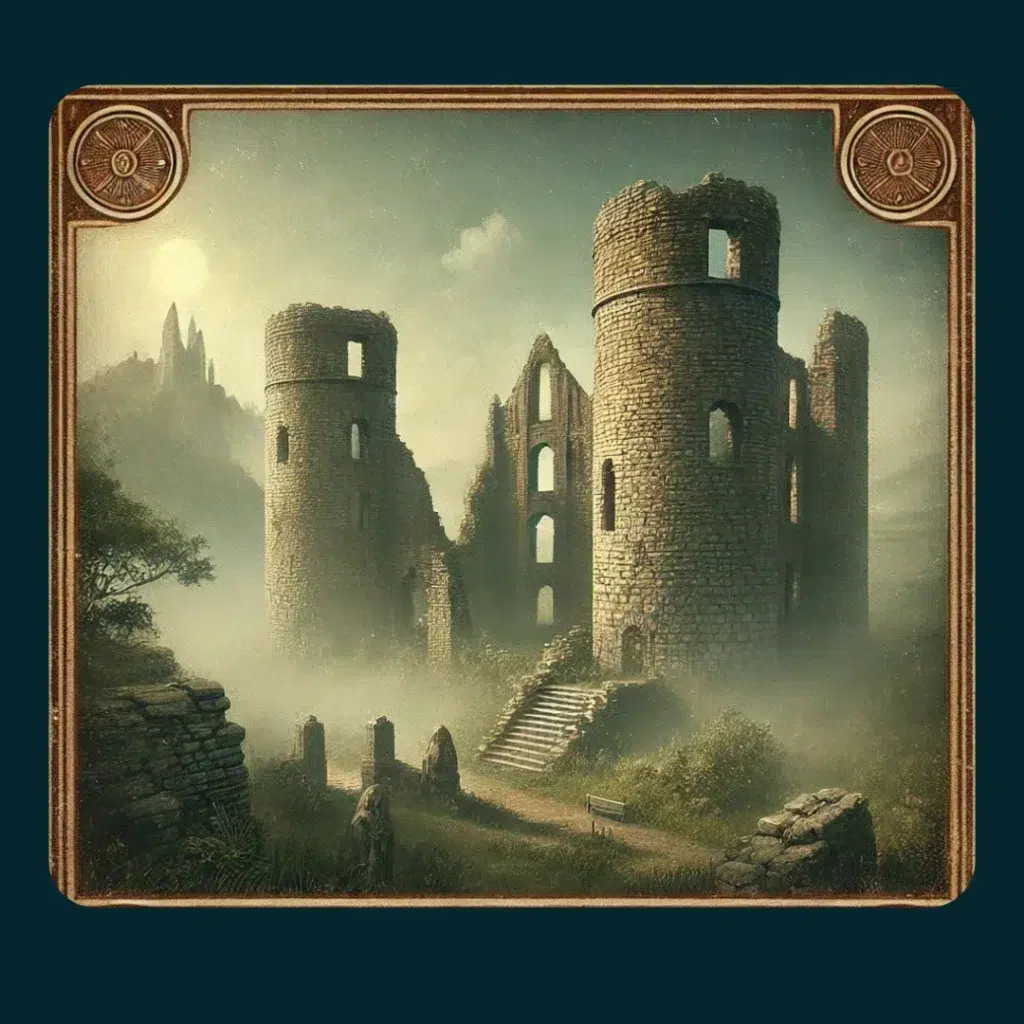 Donjons en ruine et forteresses médiévales dans un style vintage et mystérieux, atmosphère ancienne et mystique pour une chasse au trésor, Vexin normand