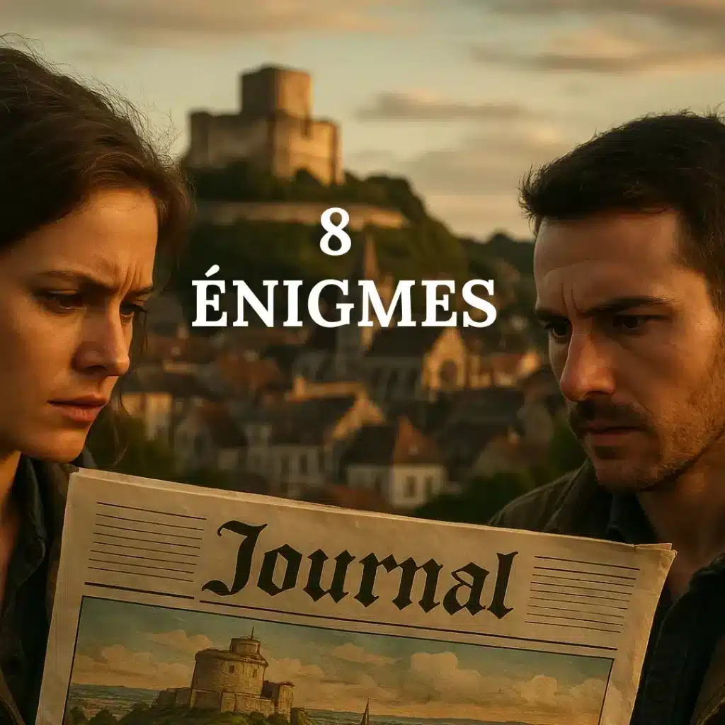 alt="Participants en quête d’indices pendant l’escape game dans la ville de Gisors"