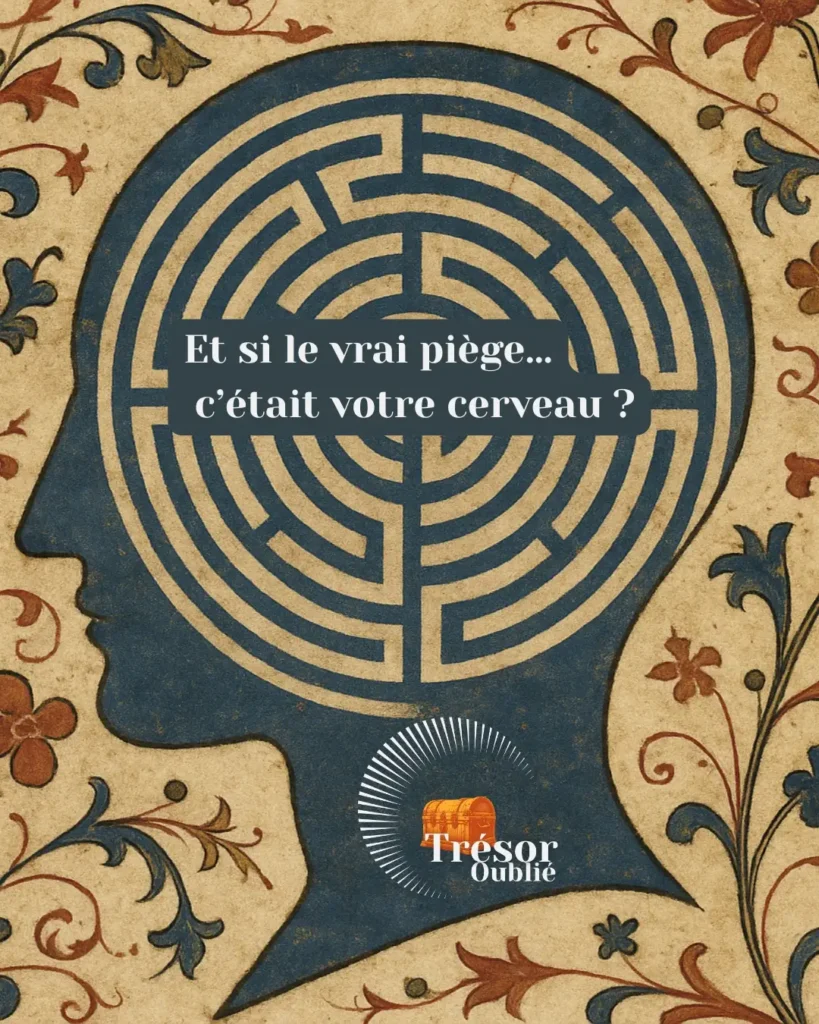 alt="Labyrinthe circulaire incrusté dans une tête humaine, style manuscrit médiéval, évoquant la confusion mentale dans une quête de trésor."