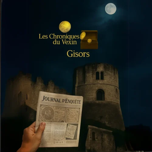 escape game urbain Gisors - joueurs résolvant une énigme avec un journal papier devant le château